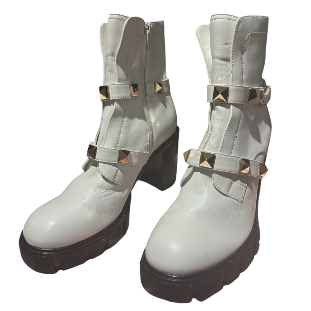 Vaneli White Chunky Heel Boots with Gold Accents